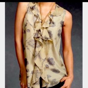 CAbi Floral Silk Ruffle Blouse, sleeveless,fun ruffles, button down, style #149.